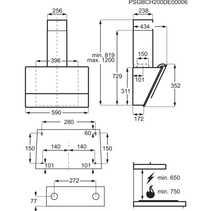 Схема встраивания Miele DA 6498 W OBSW для кухонной вытяжки Miele DA 6498 W OBSW