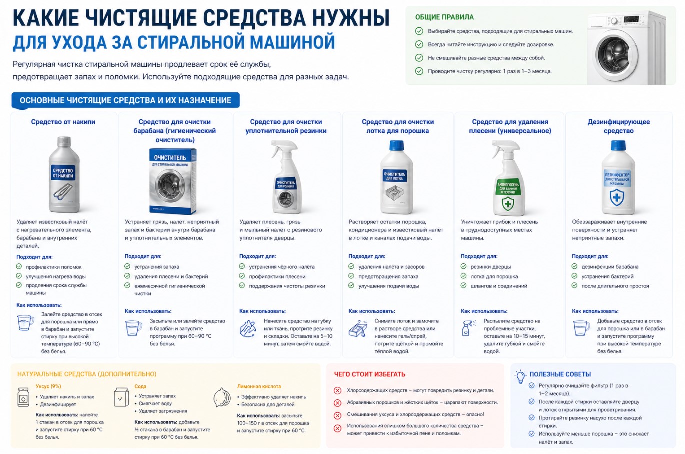 Какие чистящие средства нужны для ухода за стиральной машиной Какие чистящие средства нужны для ухода за стиральной машиной